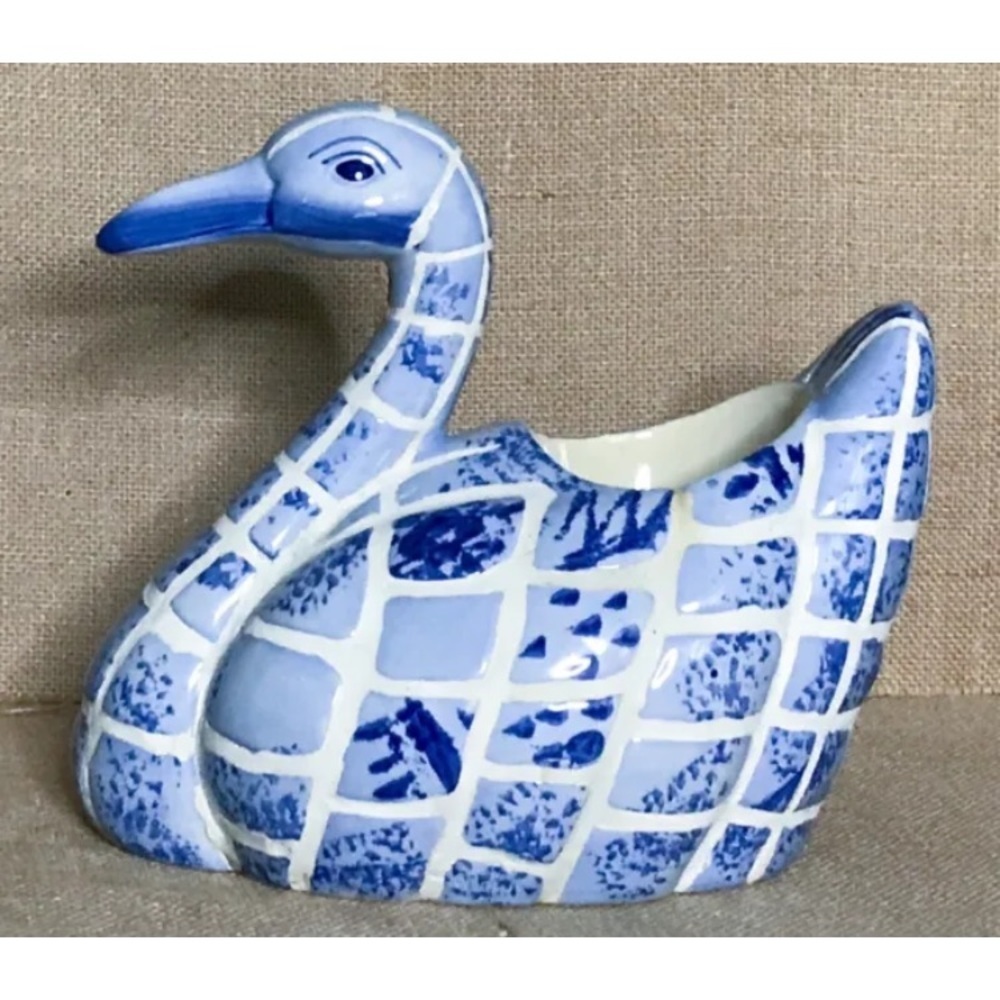 Blue White Tile Ceramic Duck Planter Candy Dish Rustic Country Cottage Farm Core
